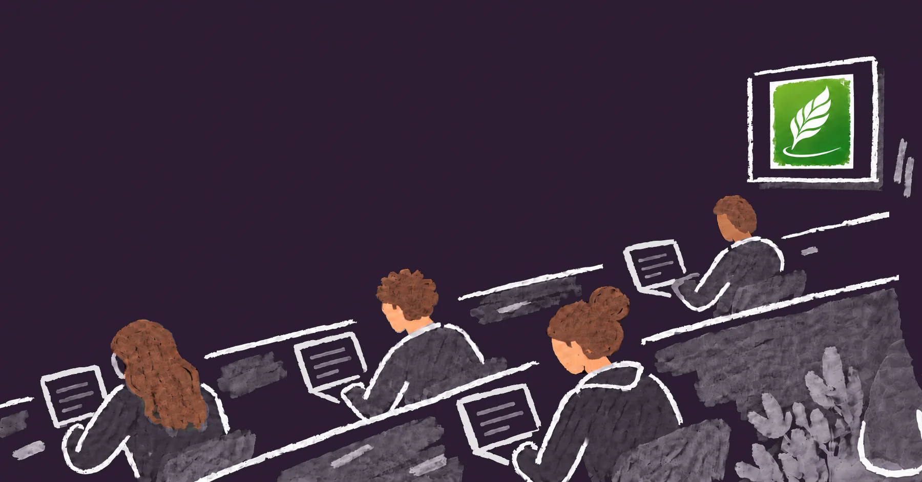 Editorial illustration of students using MATCHA Writer on laptops in a university lecture hall