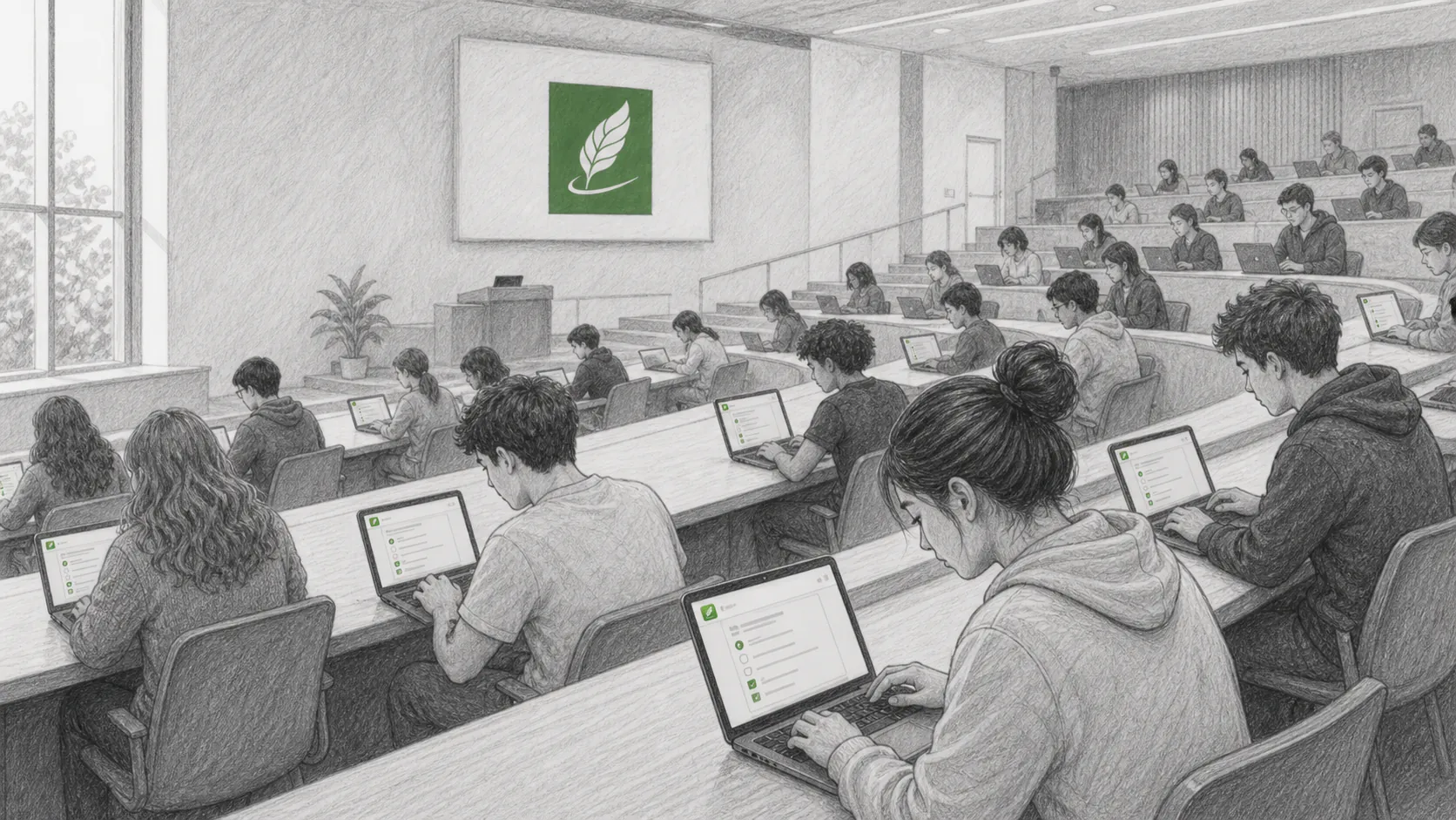 Pencil illustration of students using MATCHA Writer on laptops in a university lecture hall