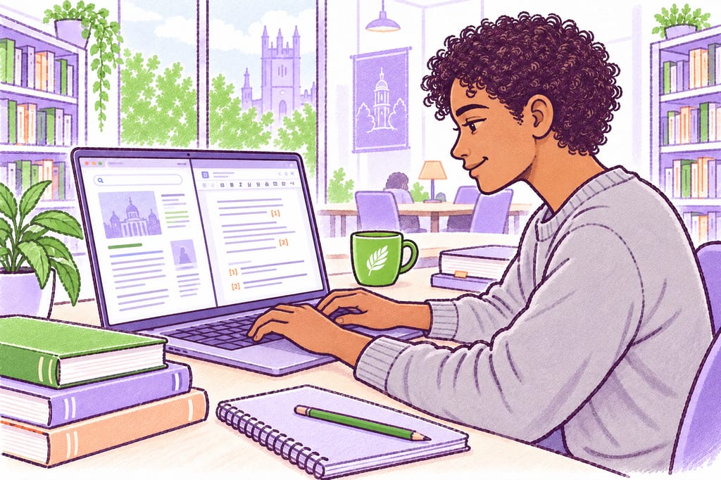 A student researching and writing an assignment in MATCHA at a library desk
