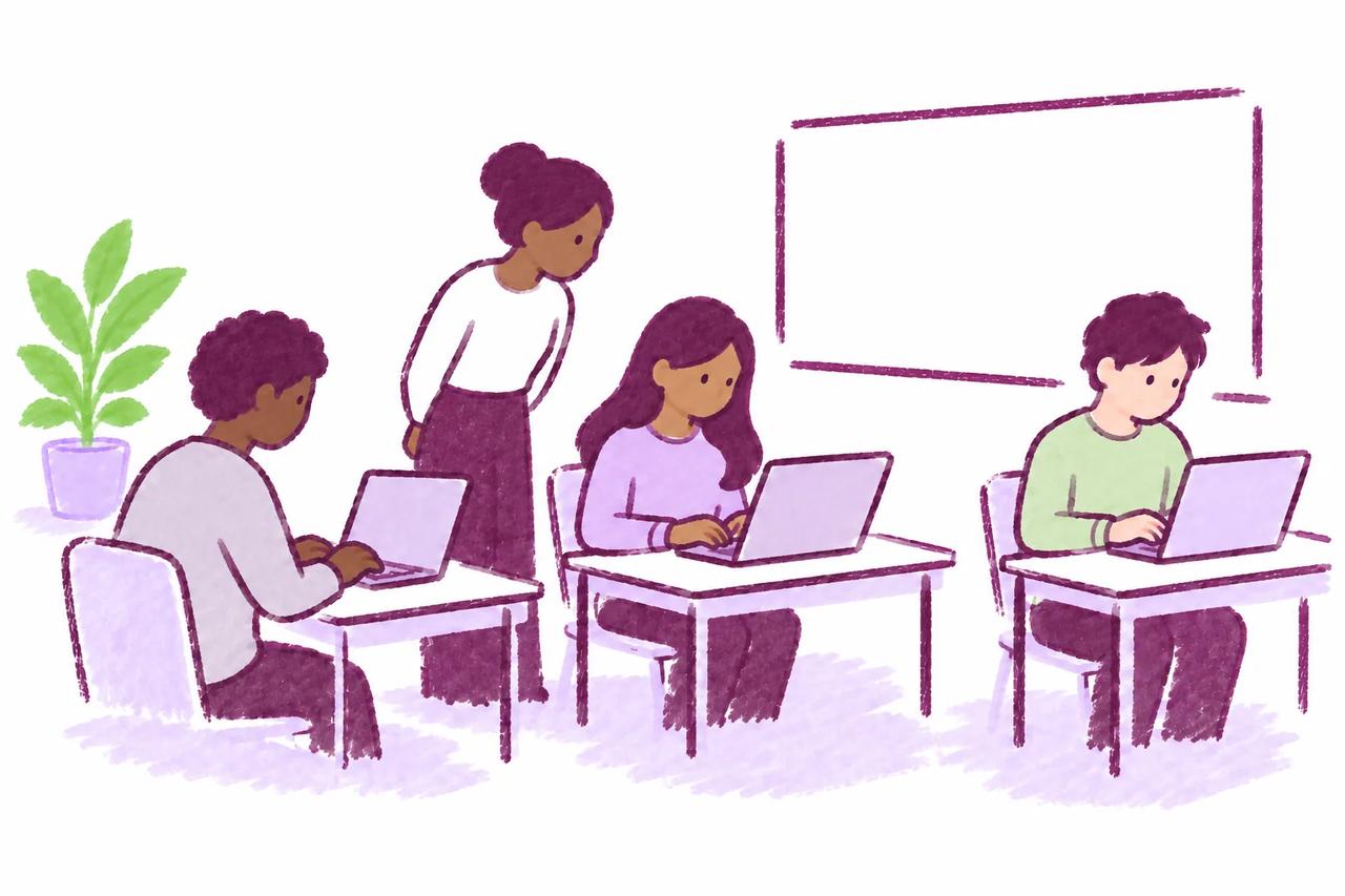 A diverse group of students taking a short in-person quiz with their instructor nearby