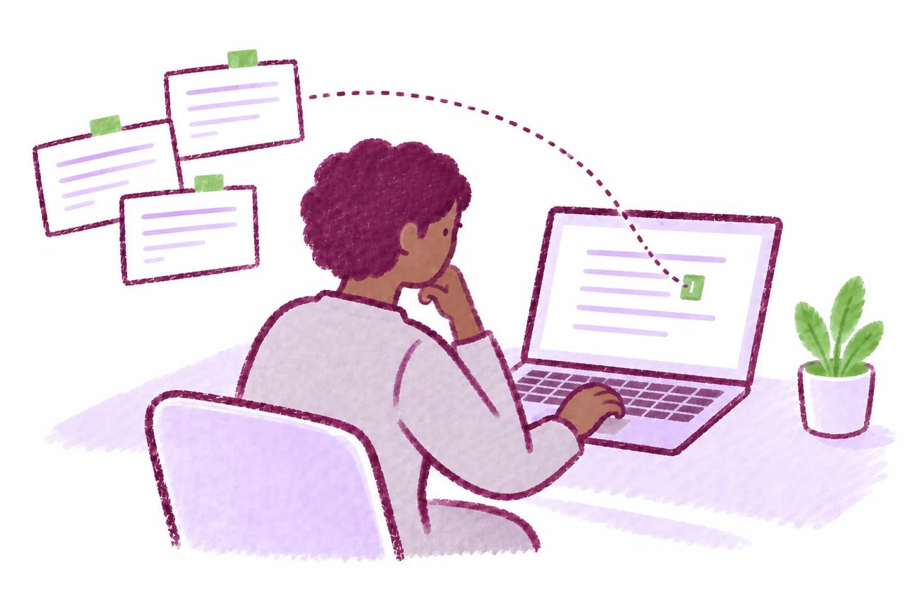 A researcher connecting reference cards to a citation in their writing