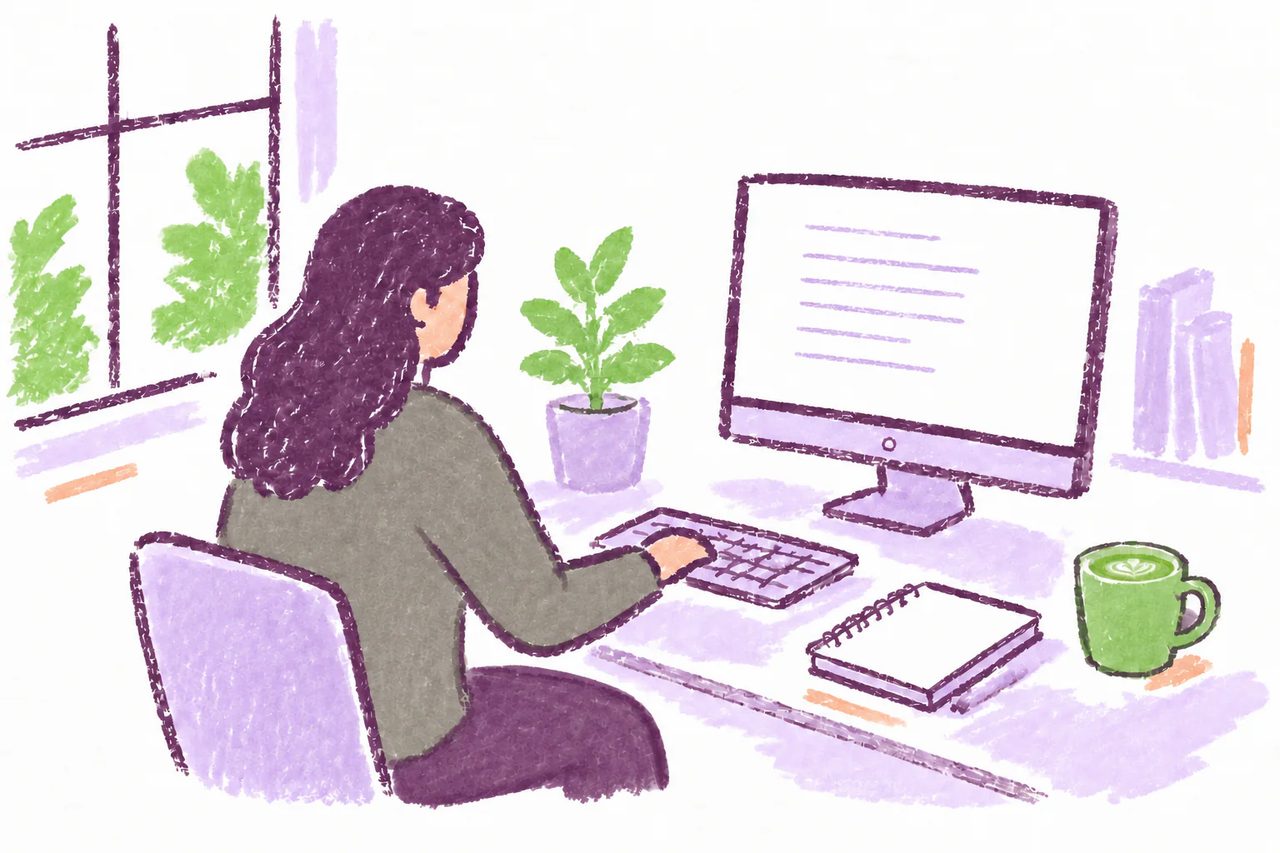 Marker-doodle illustration of a student researching and writing an essay at home