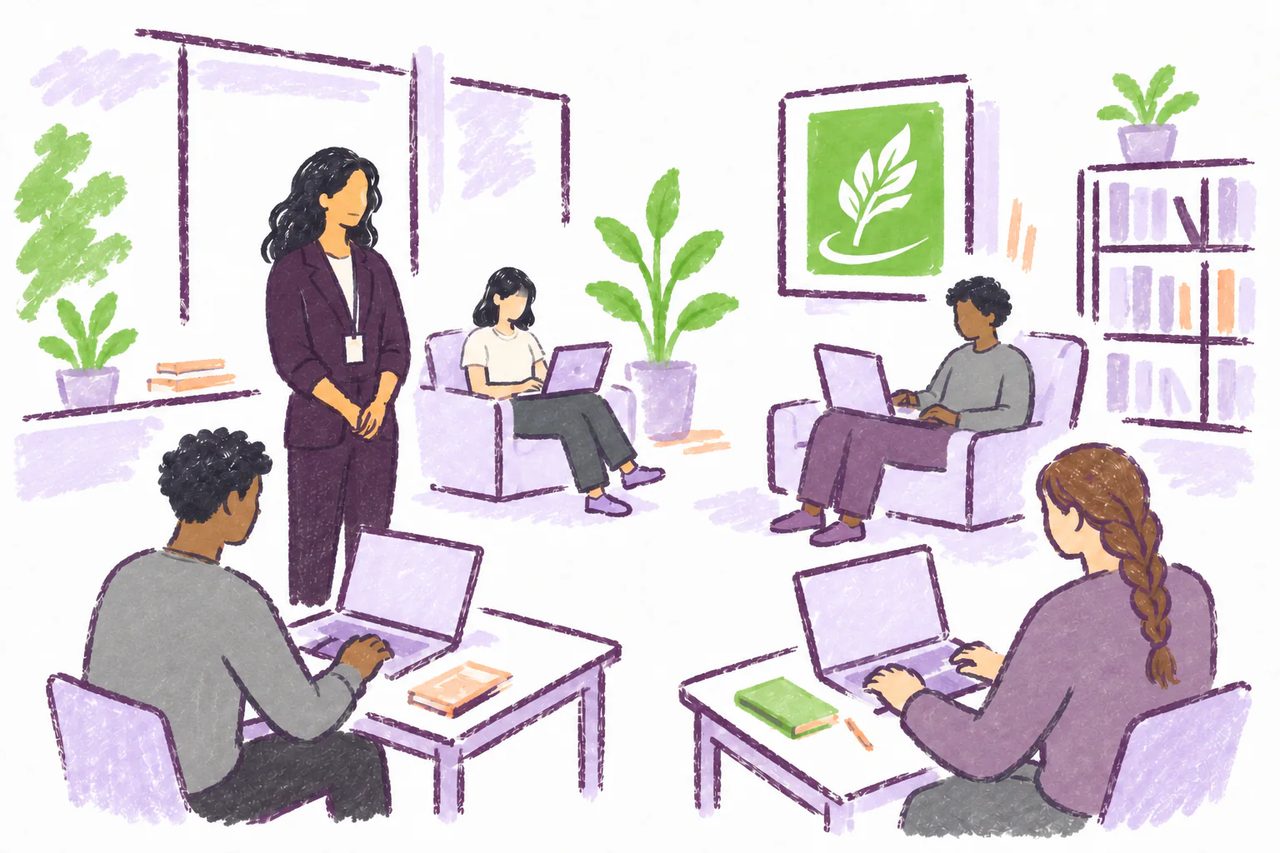 Marker-doodle illustration of students writing on laptops in a supervised writing lab