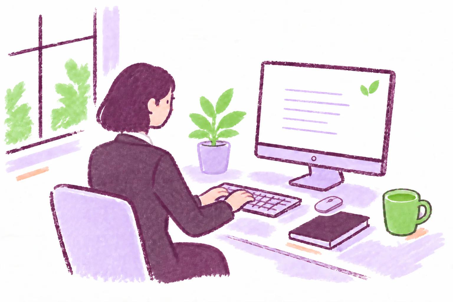 A businesswoman in a blazer writing in MATCHA at her desk