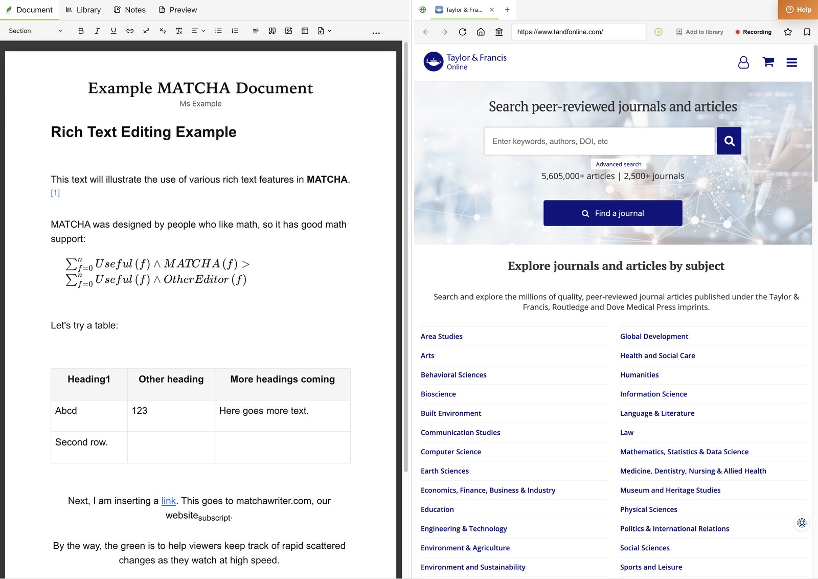 MATCHA’s document editor and built-in browser open side by side
