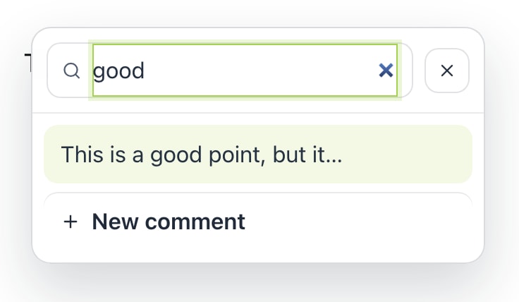 Saved comments search showing a reusable grading comment